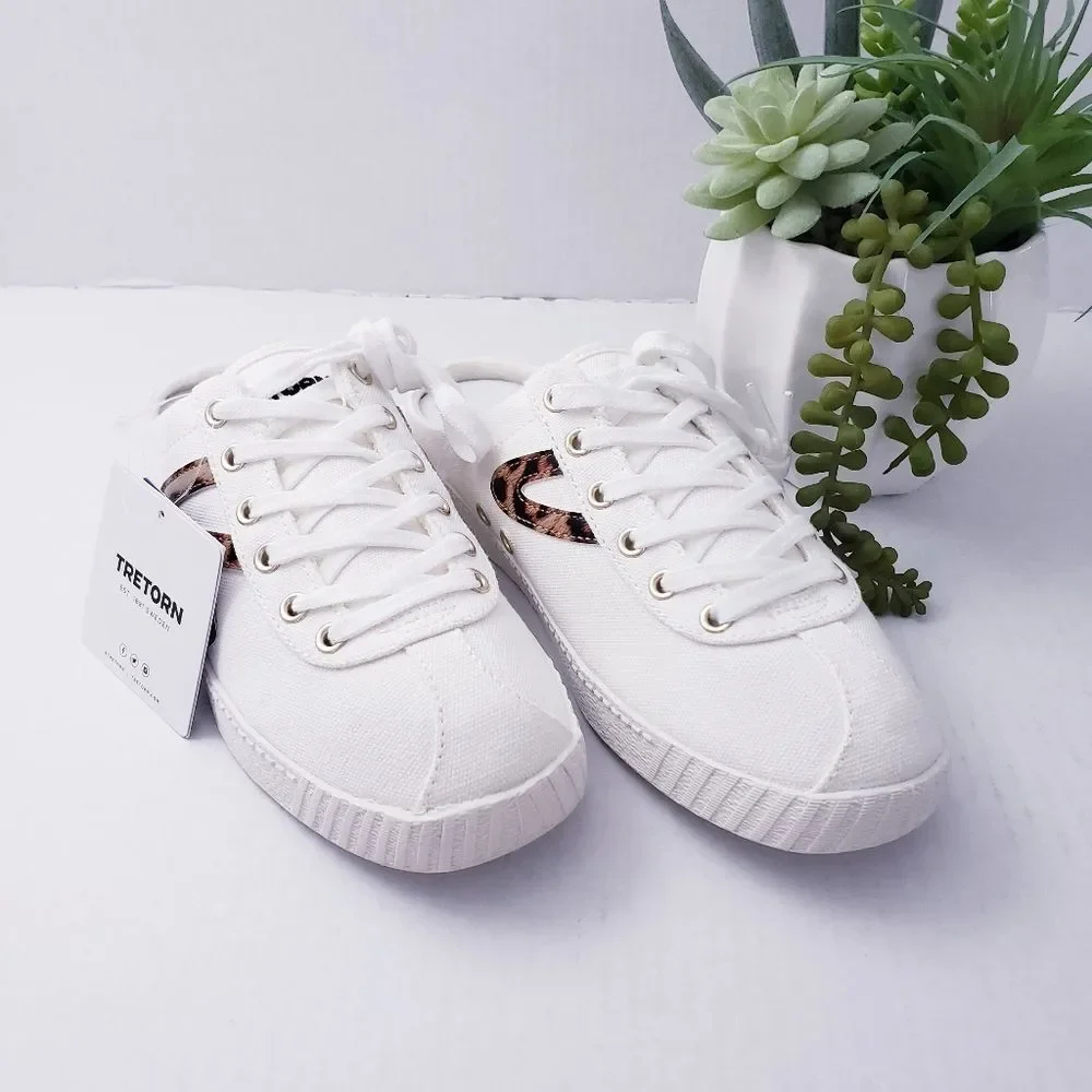 💥SOLD💥Tretorn Easy Nylite Canvas Lace Up Slip On Sneakers Mule Leopard Size 7 - Picture 2 of 11